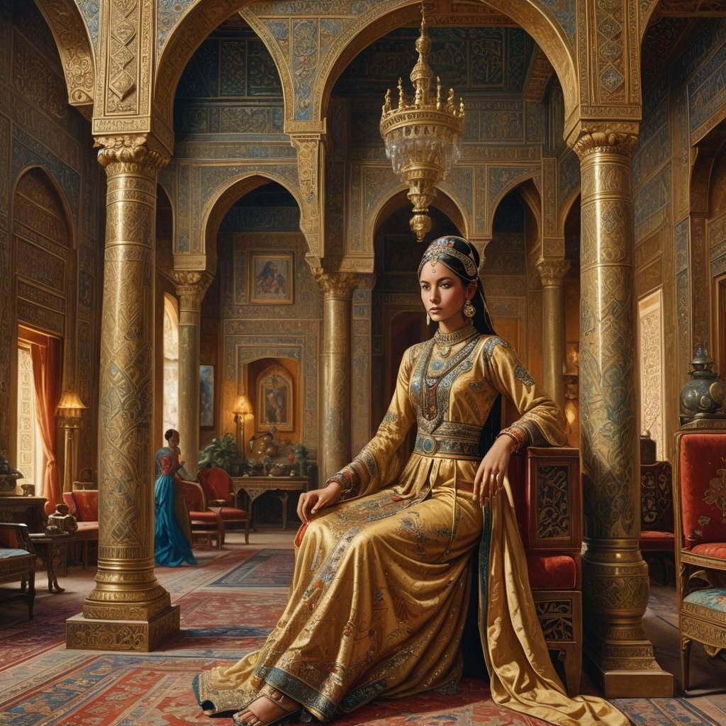 Oriental Princess in Golden Palace: Oriental Painting