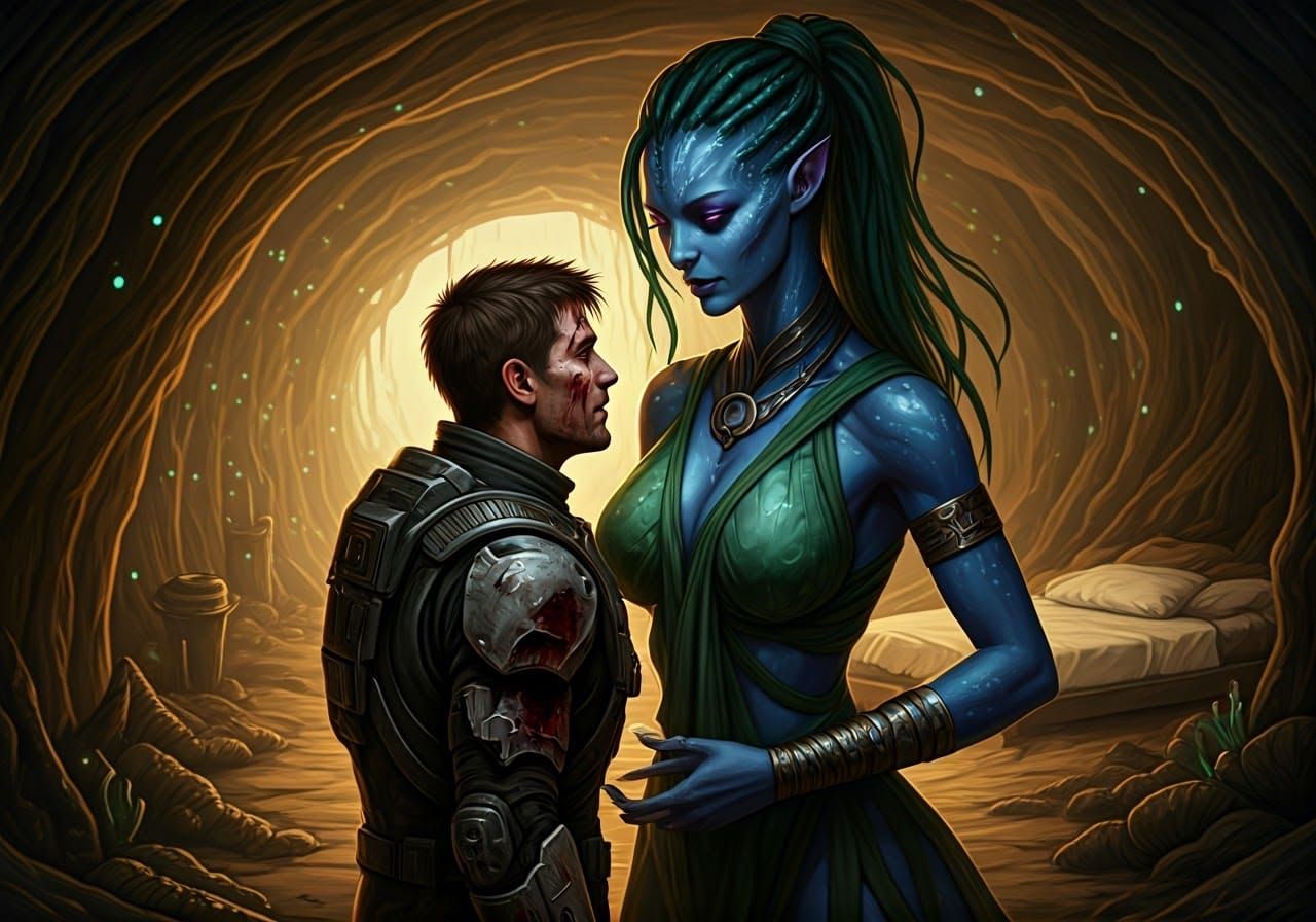 Glowing Alien Goddess Stands with Compassionate Human Soldie...