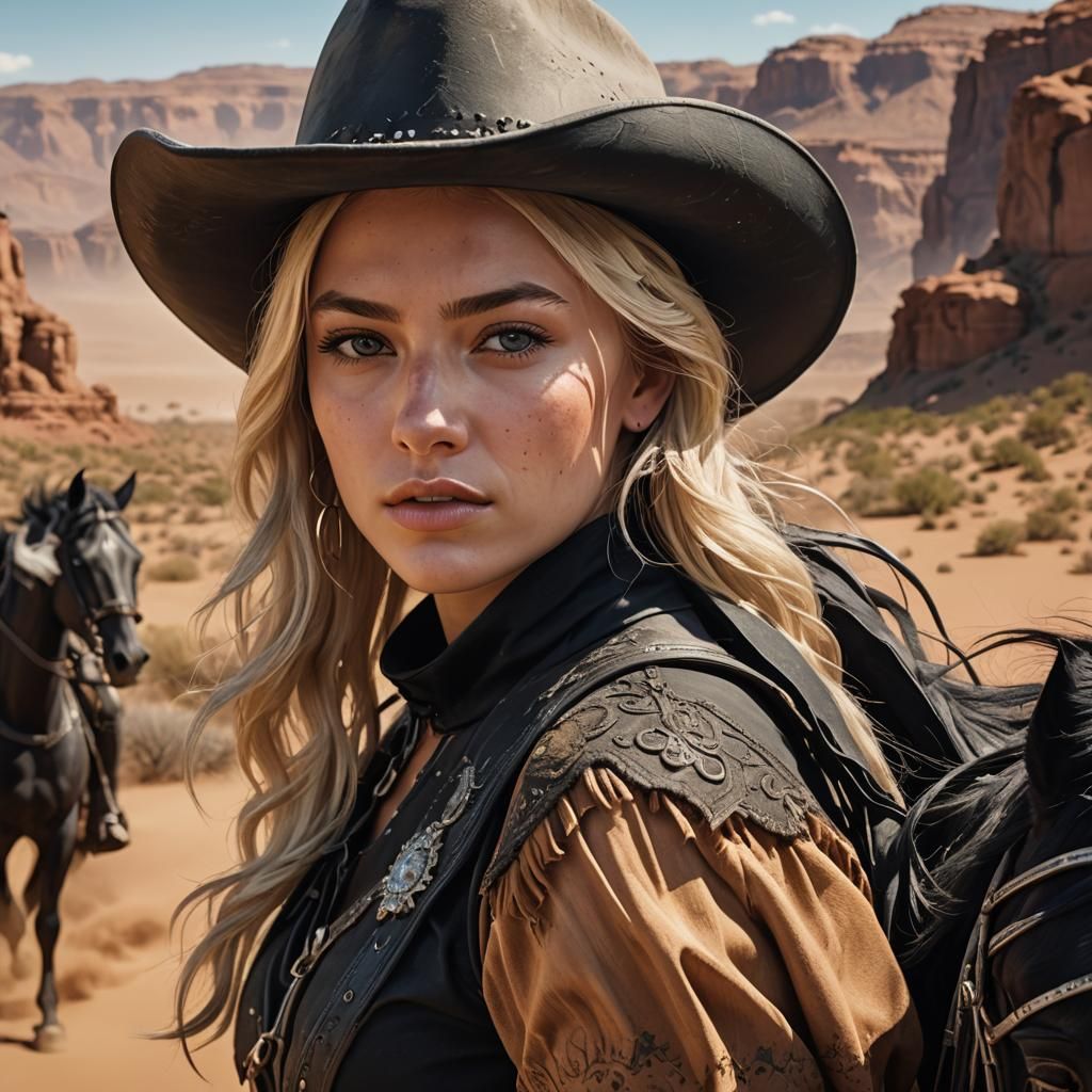 Cowgirl on Horseback in Desert Landscape