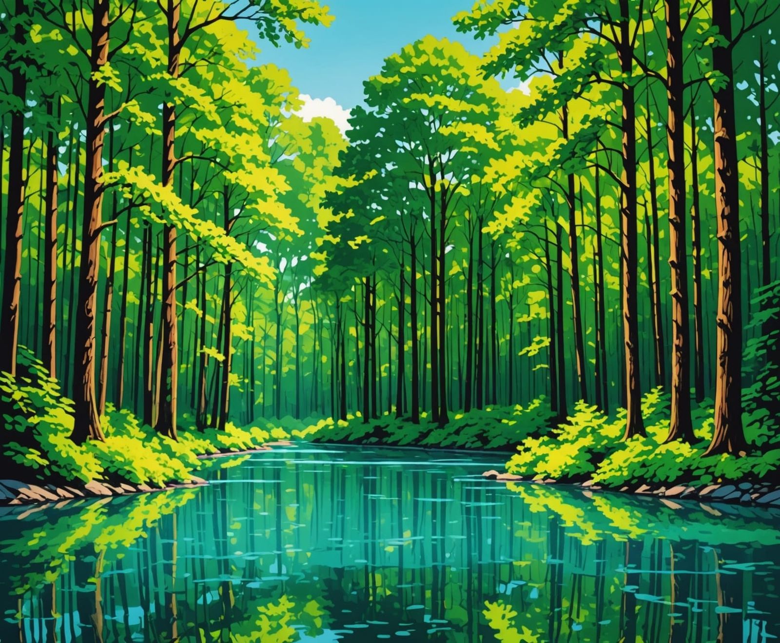 Vibrant Pop Art Landscape of a Serene Forest