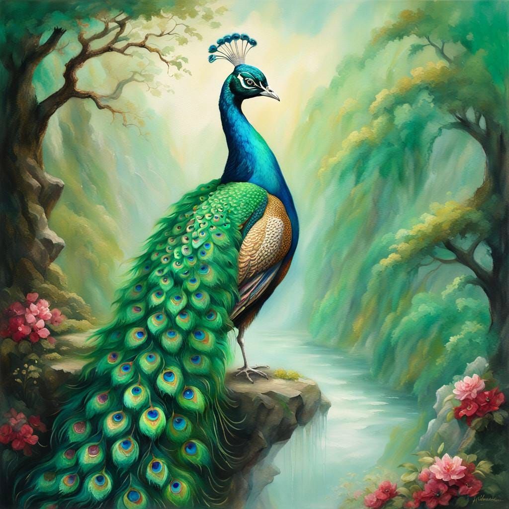 Ethereal Renaissance Peacock Painting in Vibrant Colors