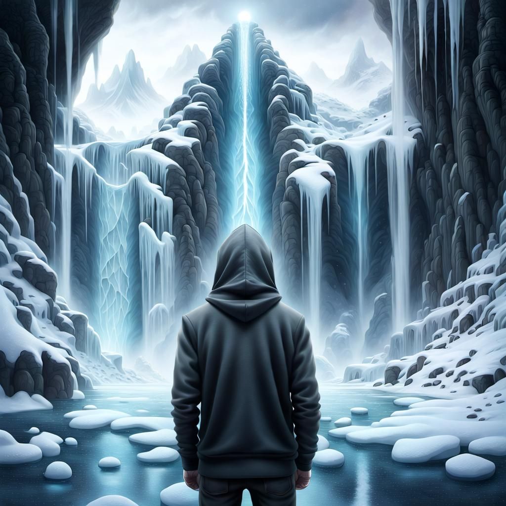 Hooded Figure at Waterfall: Digital Art