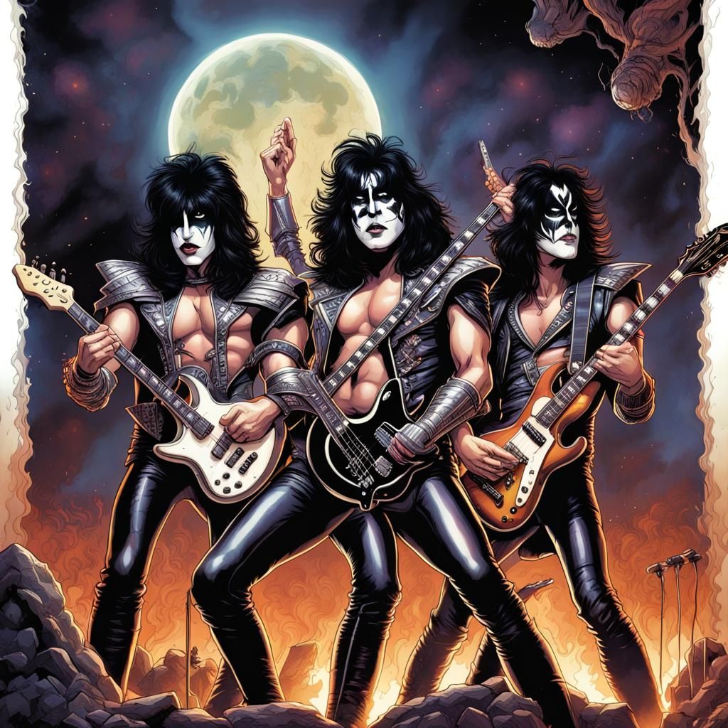 Kiss Concert Performance in Comic Book Art Style
