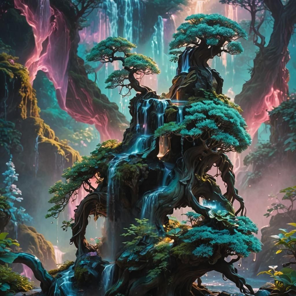 iridescent cyan green bonsai tree and waterfalls garden spri...