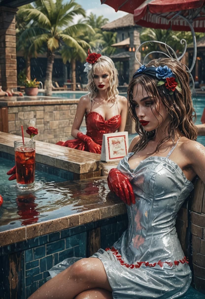Glamorous Women in Pool Bar: Photorealistic Digital Art