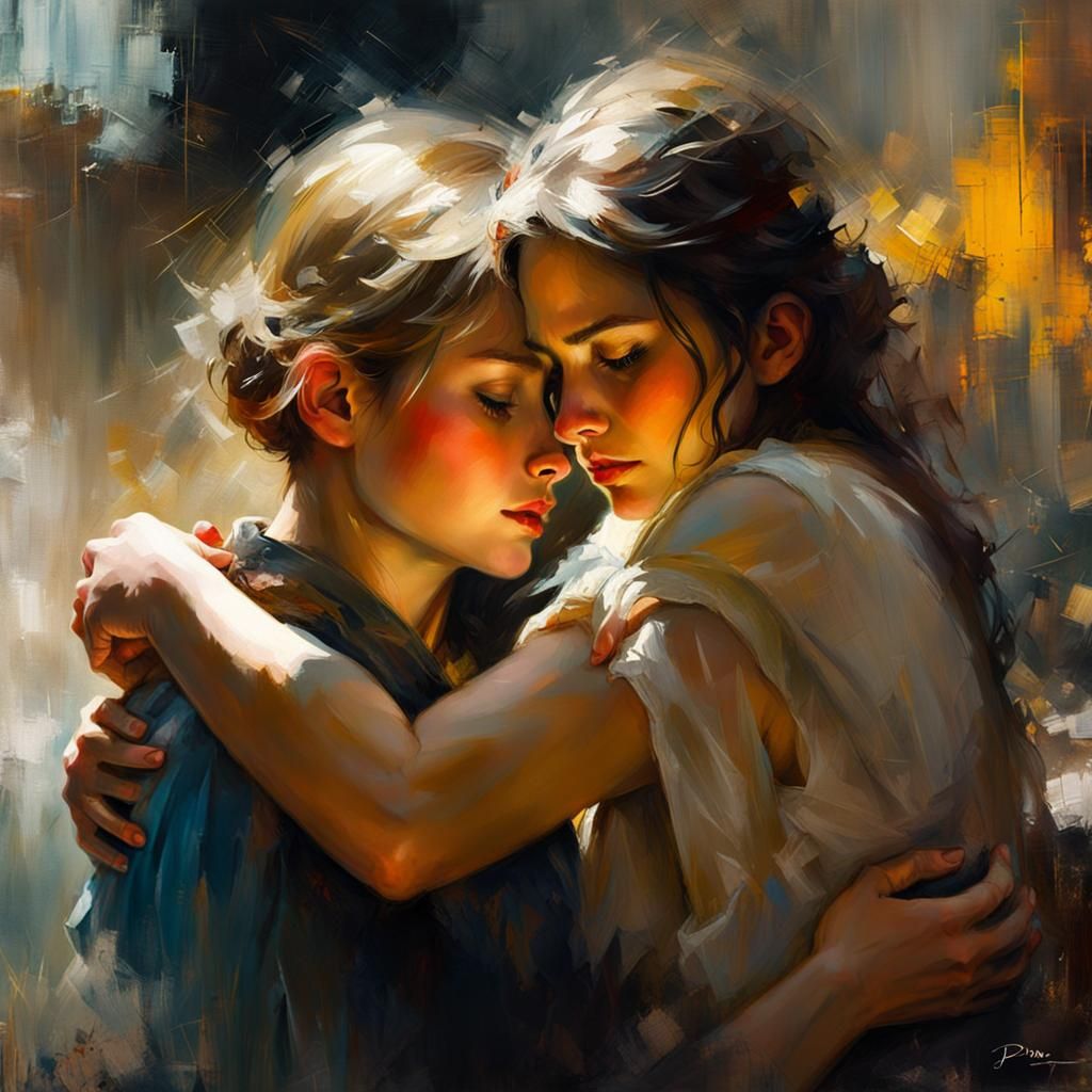 Mother Comforts Daughter: A Touching Matte Painting