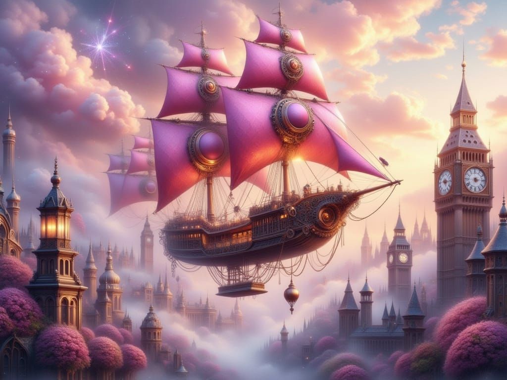 Ethereal Steampunk Airship Drifts Above Victorian Metropolis