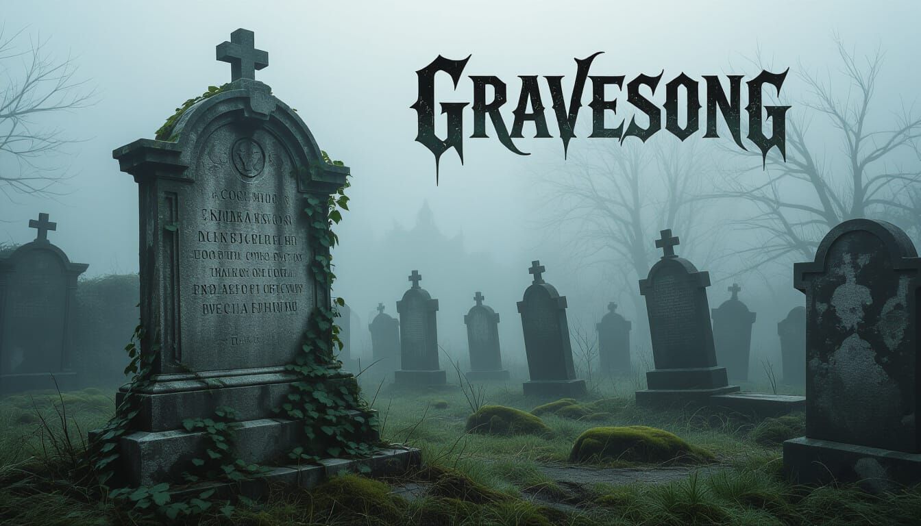 Misty Graveyard Gravestone with Gothic Biomechanical Element...