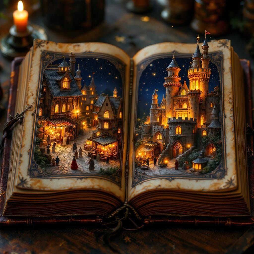 Miniature Medieval Village in Ancient Book