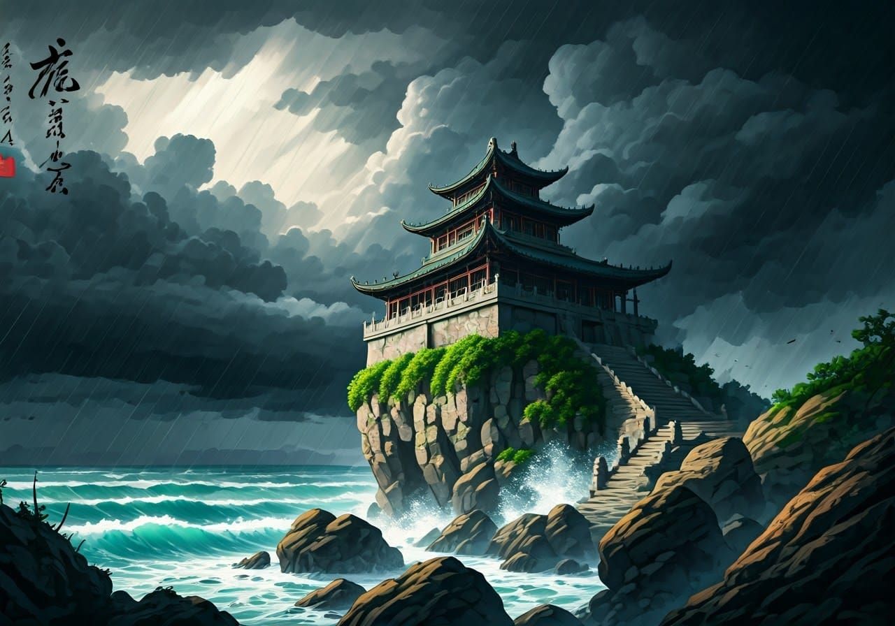 Tempestuous Thunderstorm Over Ancient Cliffside Temple