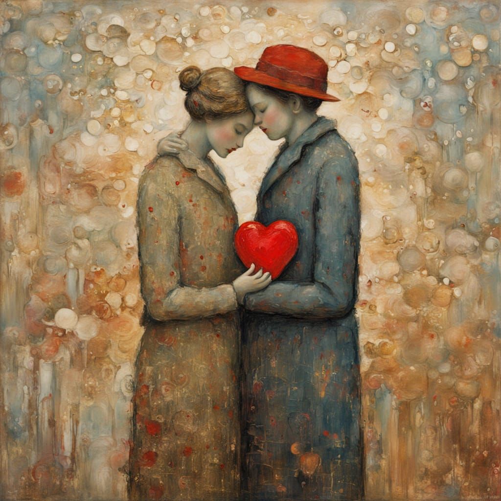 Impressionist Figures Holding a Heart, Klimt-Inspired
