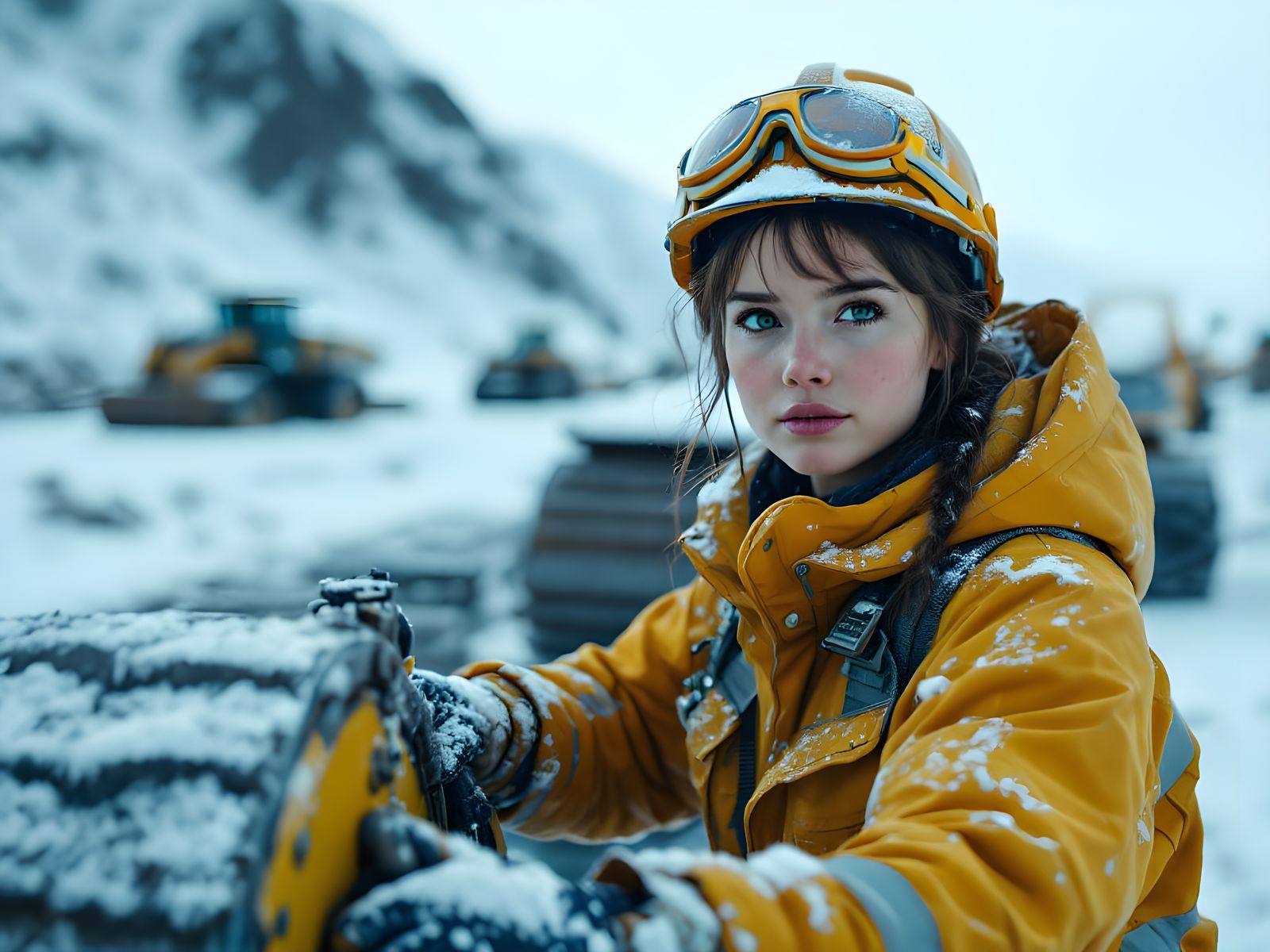 Greenland Girl Operates Heavy Machinery in Snowy Landscape