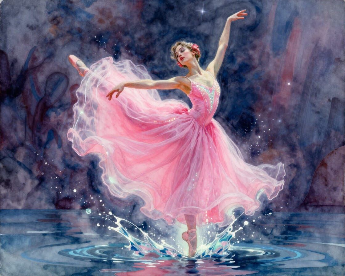 Bioluminescent Dancer Hovers Over Water in 90s Watercolor Oi...