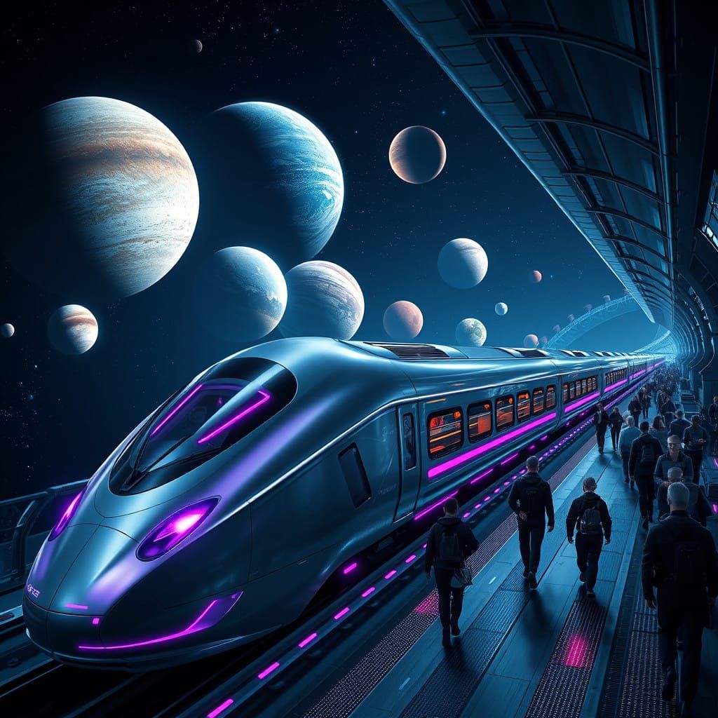Futuristic Space Station with Sleek Silver Train and Vibrant...