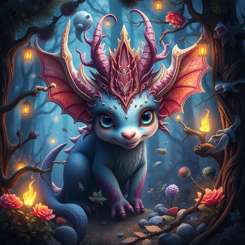 Whimsical Creature Amidst Enchanted Forest in Cyberpunk Fant...