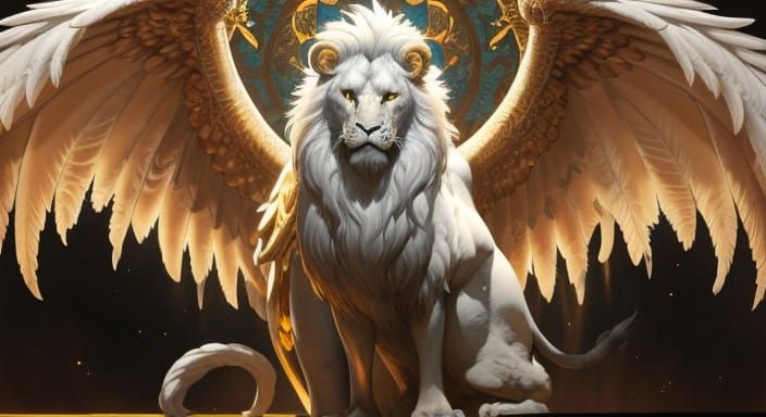 Majestic White Manticore with Golden Feathers in Regal Demea...