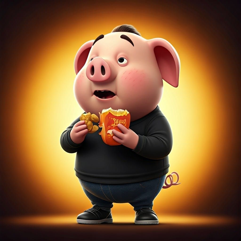 A 10-Year-Old Piglet in a Black Outfit Eats Junk Food in a V...