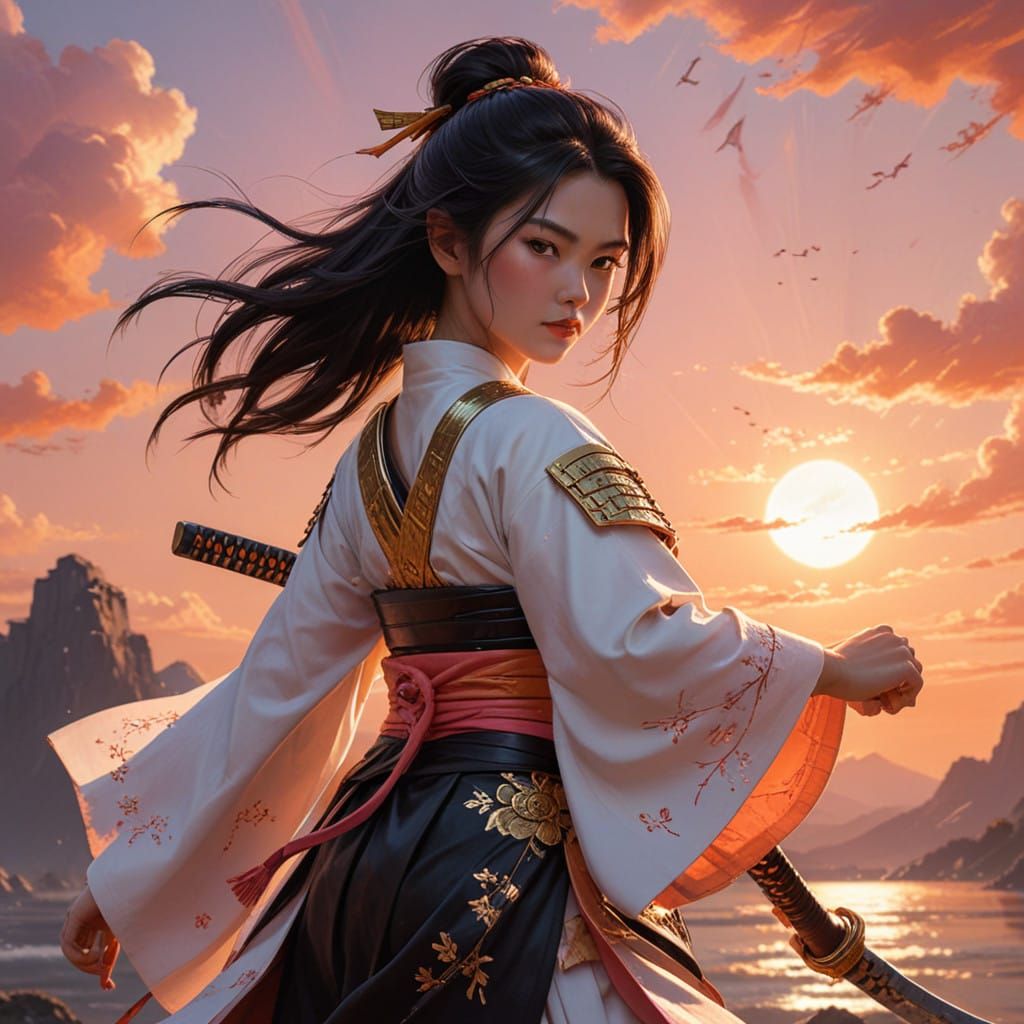 Elegant Female Samurai Warrior in Sunset Action Pose