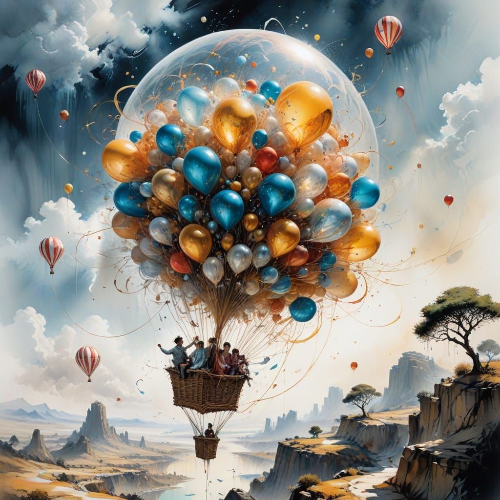 Surreal Dreamscape with Floating Balloons, Dalí Style
