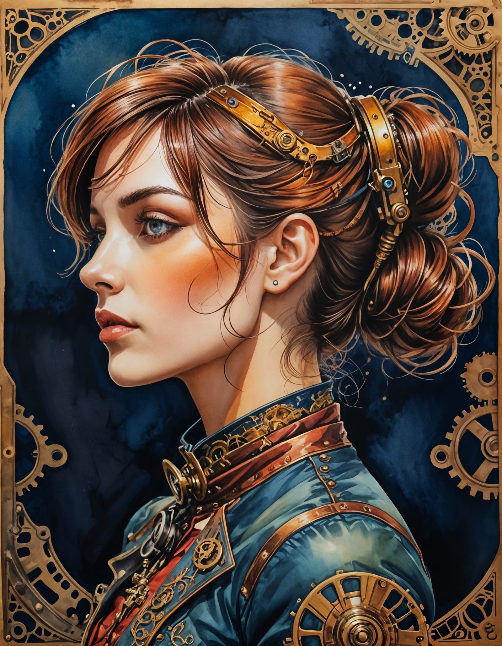 Steampunk Lady Portrait in Watercolor Style