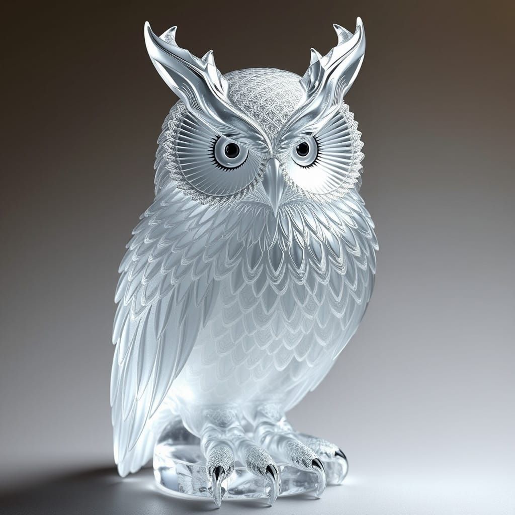 Crystal Glass Great Horned Owl in Fantastical Realism Style