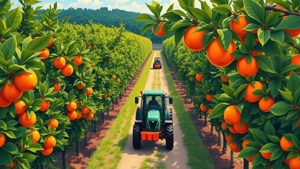 Vibrant Orchard Scene in Gouache Style