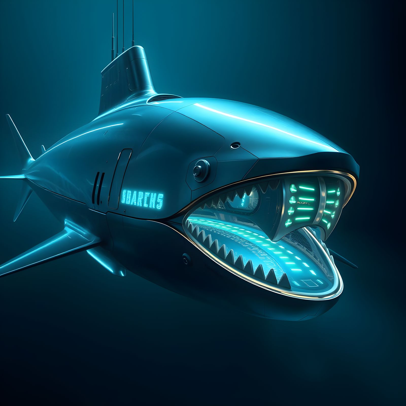 Submarine Shark Illuminated in Ocean Depths