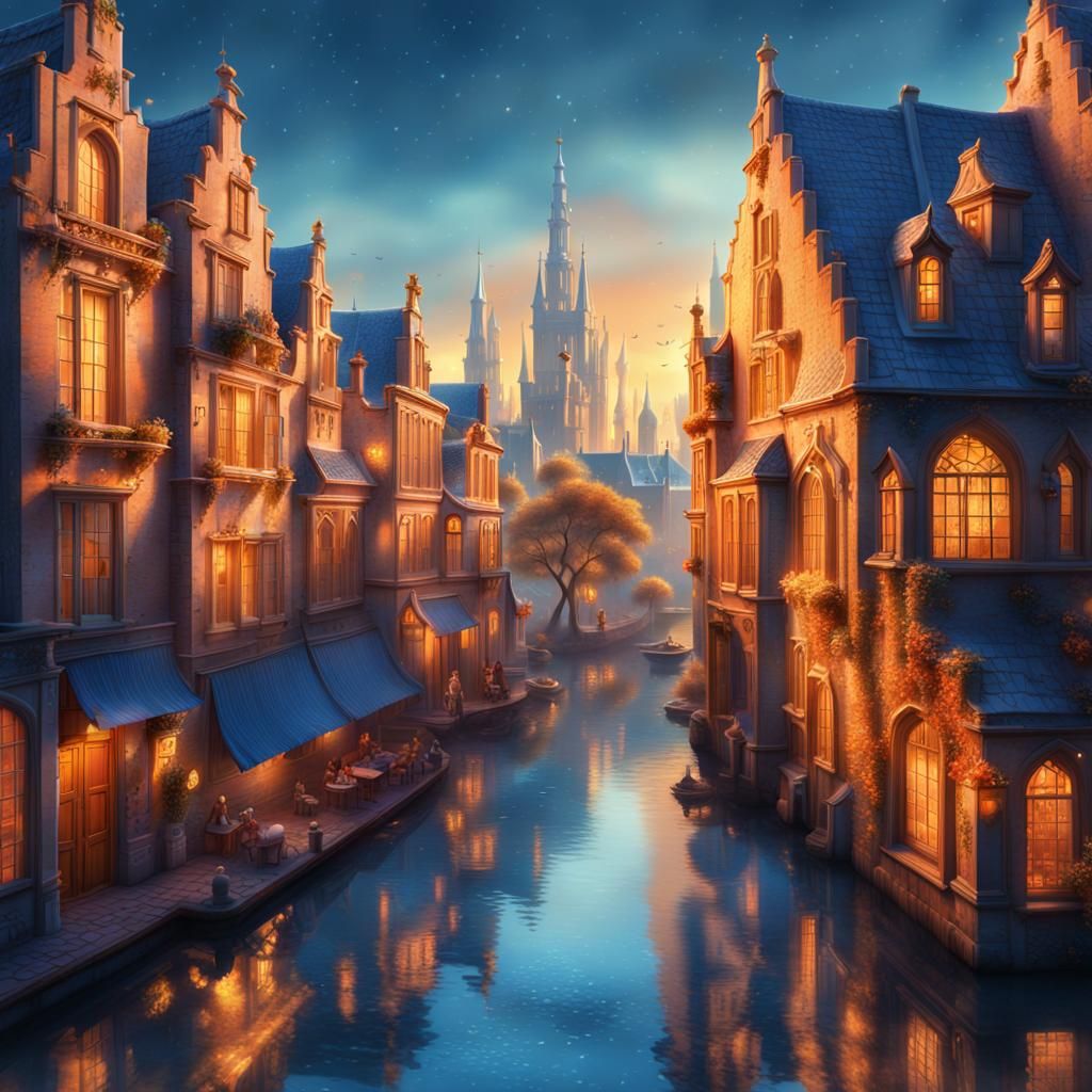 Dreamlike Delft Cityscape with Magical Creatures