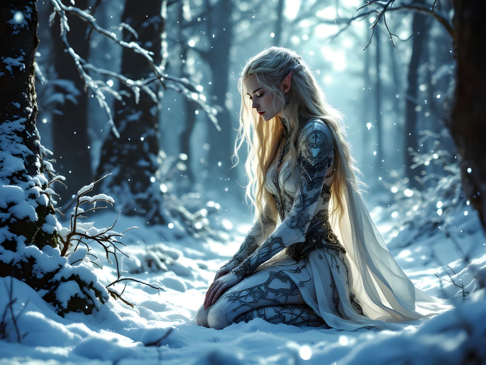 Ethereal Elf Maiden Tracks Fierce Snow Predator in Dark Fant...