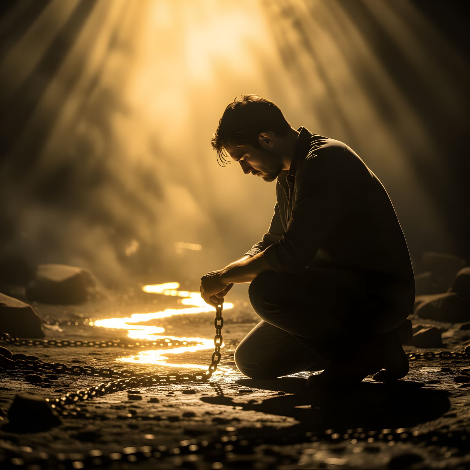 Man Seeking Redemption, Illuminated Path from Darkness