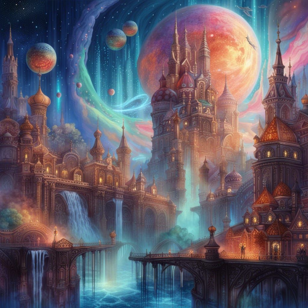 Flying Russian Waterfall City in Dreamcore Style