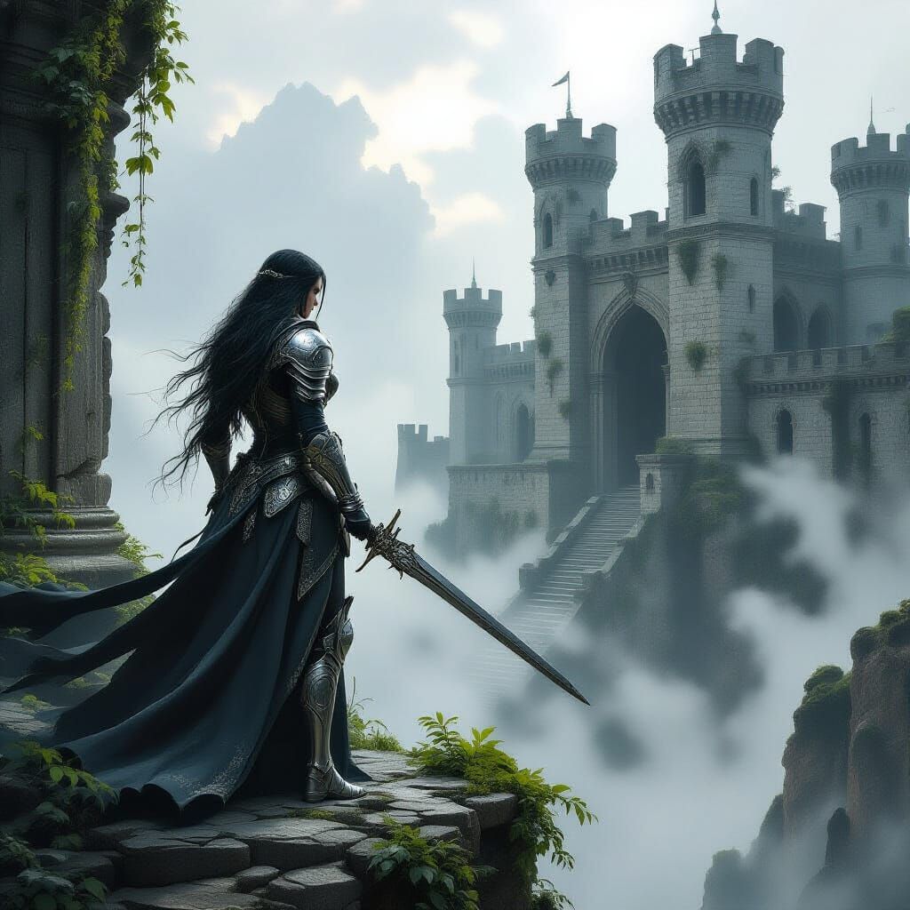 Elven Warrior at Ruined Citadel in German Expressionist Styl...