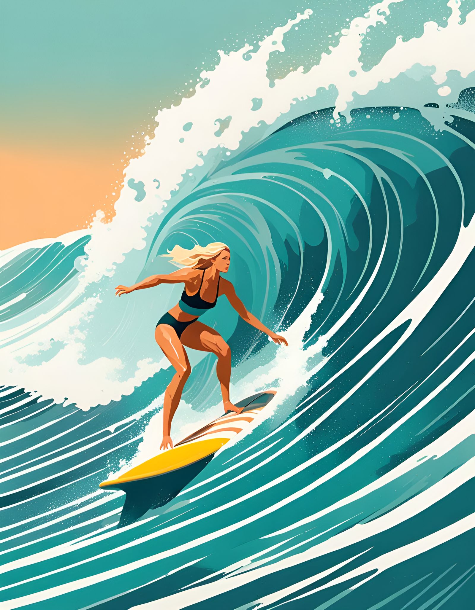 Blond Surfer Rides Wave in Vintage Flat-Style Poster
