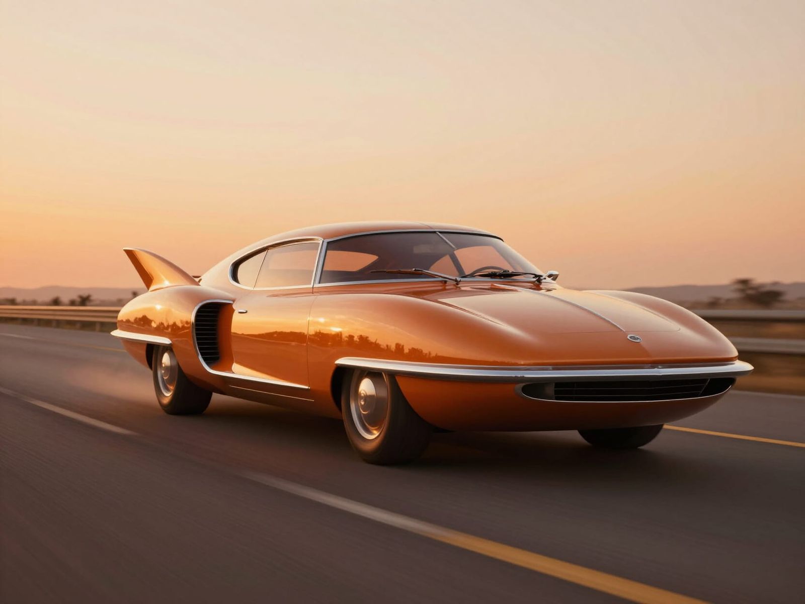 Retro-Futurist Sunliner Car on Orange Highway