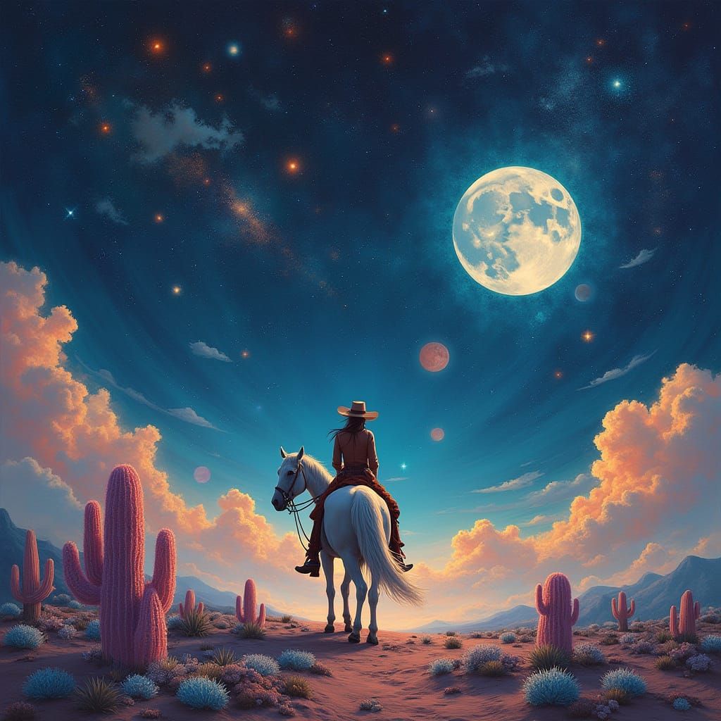 Cowgirl Rides Celestial Steed Through Nebula Dreamscape