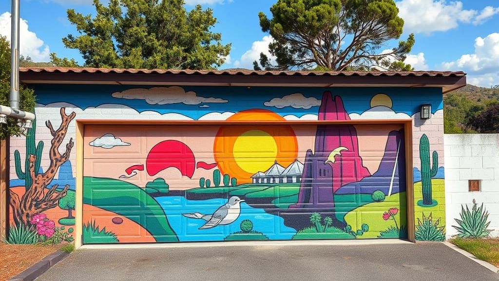 Pop Surrealism Mural on Garage Door Landscape