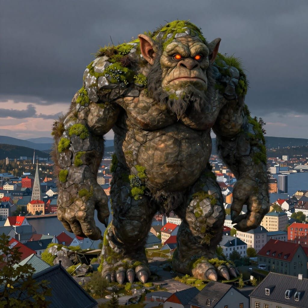 Colossal Troll Approaches Nordic City in Fantasy Concept Art