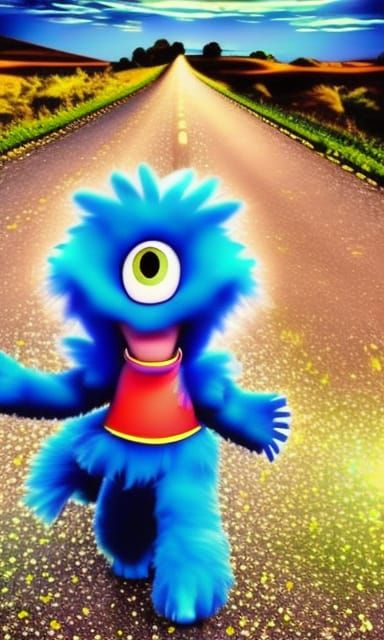 Cute Blue Monster Walks on Sunny Road