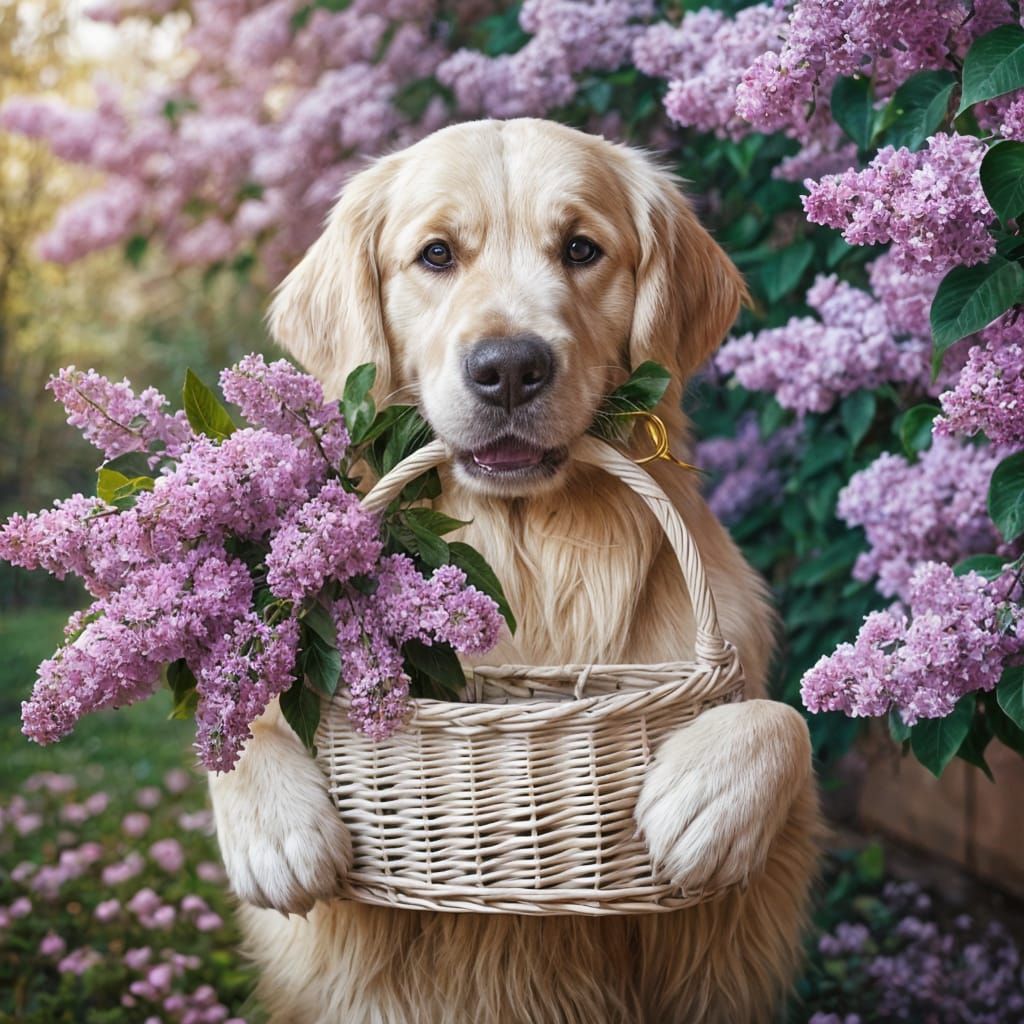 Golden Retriever Surrounded by a Vibrant Lilac Garden in Imp...