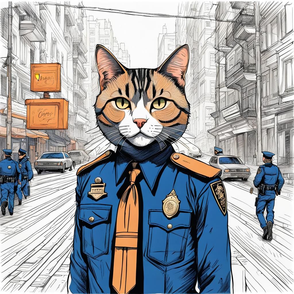 Hyperdetailed Cat Cop in Gritty Cityscape