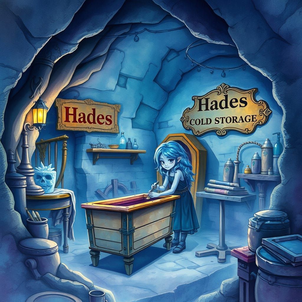 Ethereal Watercolor Portrait of Hades in Her Underworld Work...