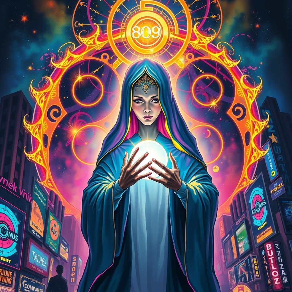 Ethereal Fortune Teller in a Futuristic Cosmic Cityscape