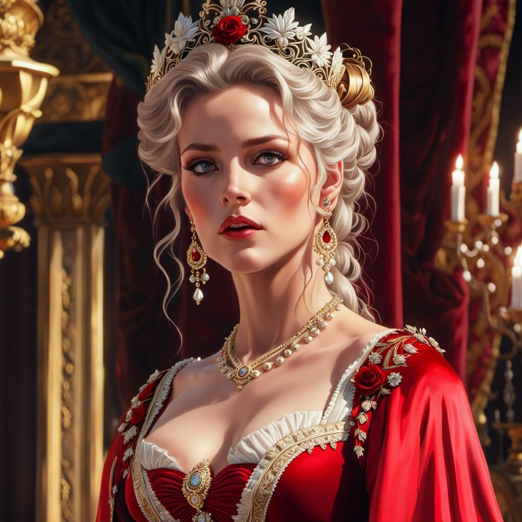Gorgeous Woman in Red Dress in Rococo Style