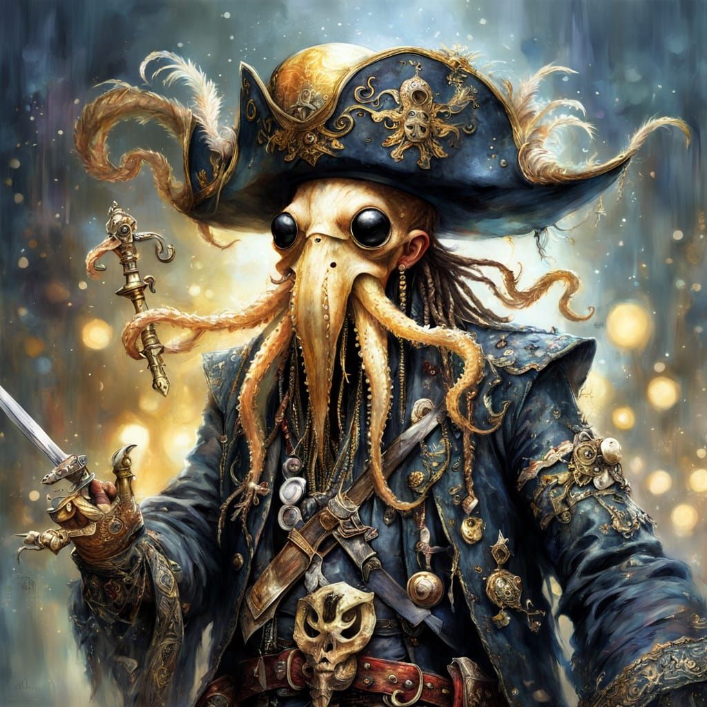 Pirate Squid with Golden Motifs in Dark Fantasy Style