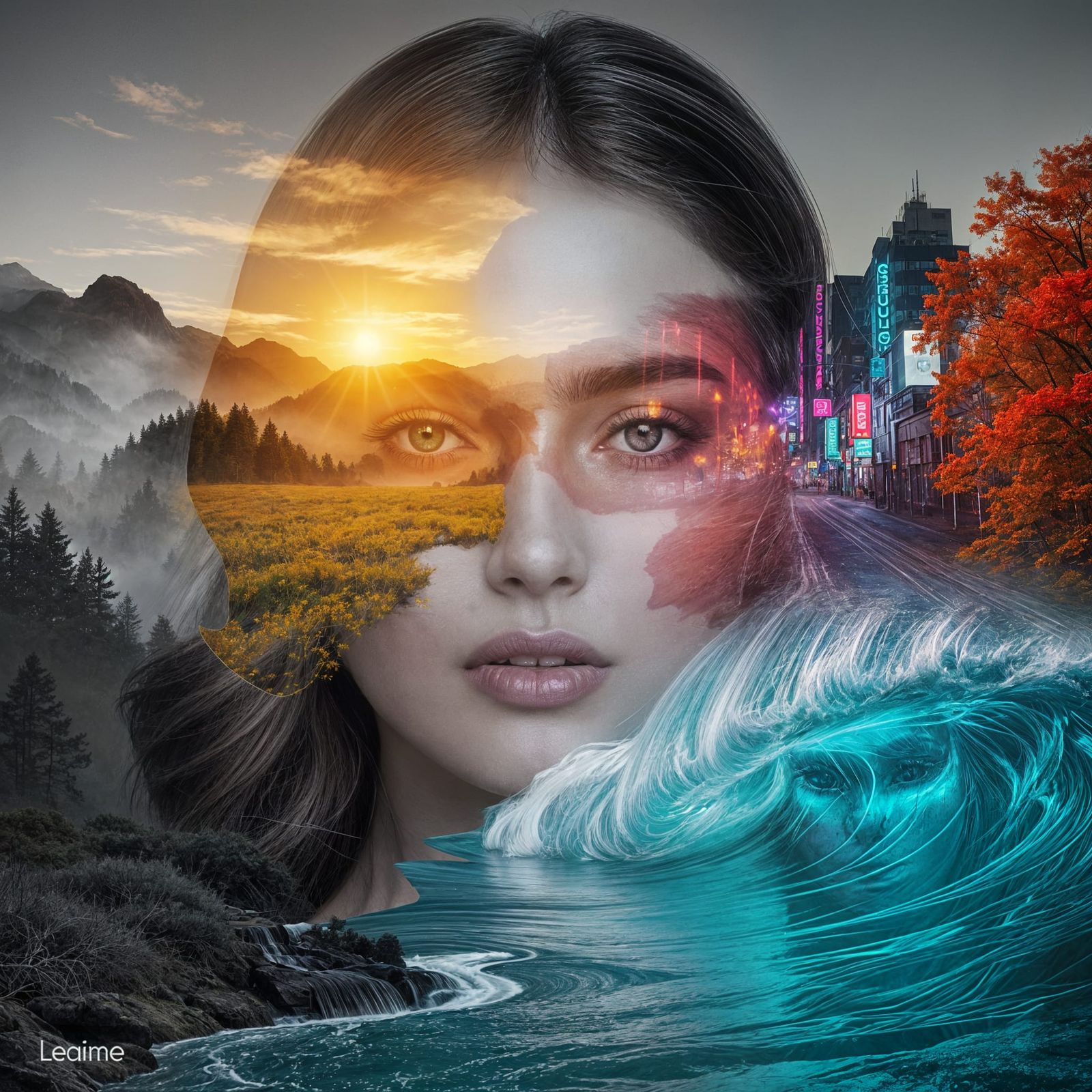 Surreal Double Exposure: Woman's Face Merged With Abstract L...