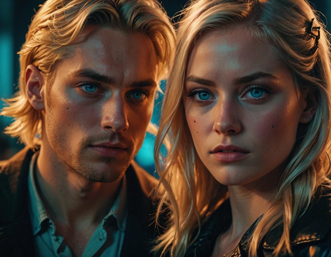 Dramatic Film Still of Two People with Neon Accents