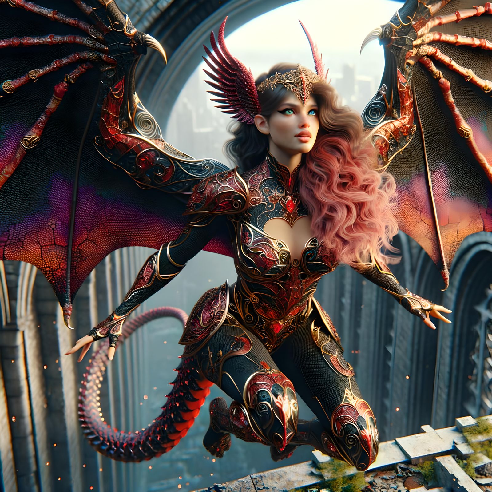 Happy curvy Valkyrie wearing (Black sparkling red:1.2) and g...