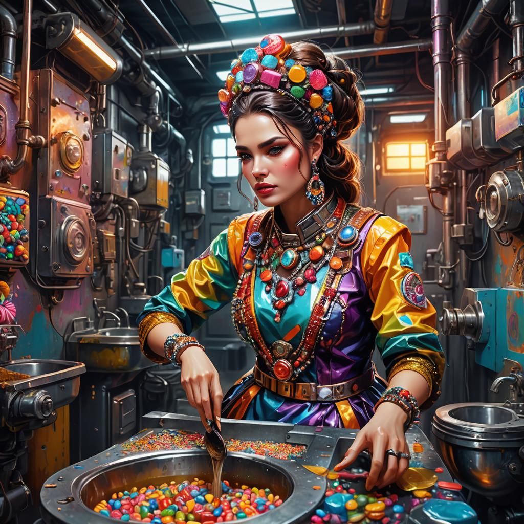 Woman Cleans Toilets in Factory: Candyland Art Style