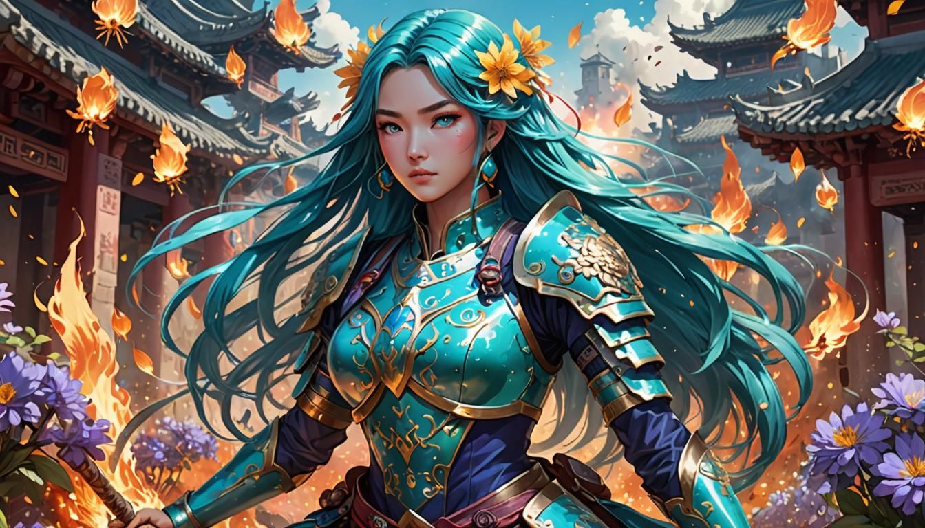 Anime Woman in Tanzanite Armor with Fire Flowers