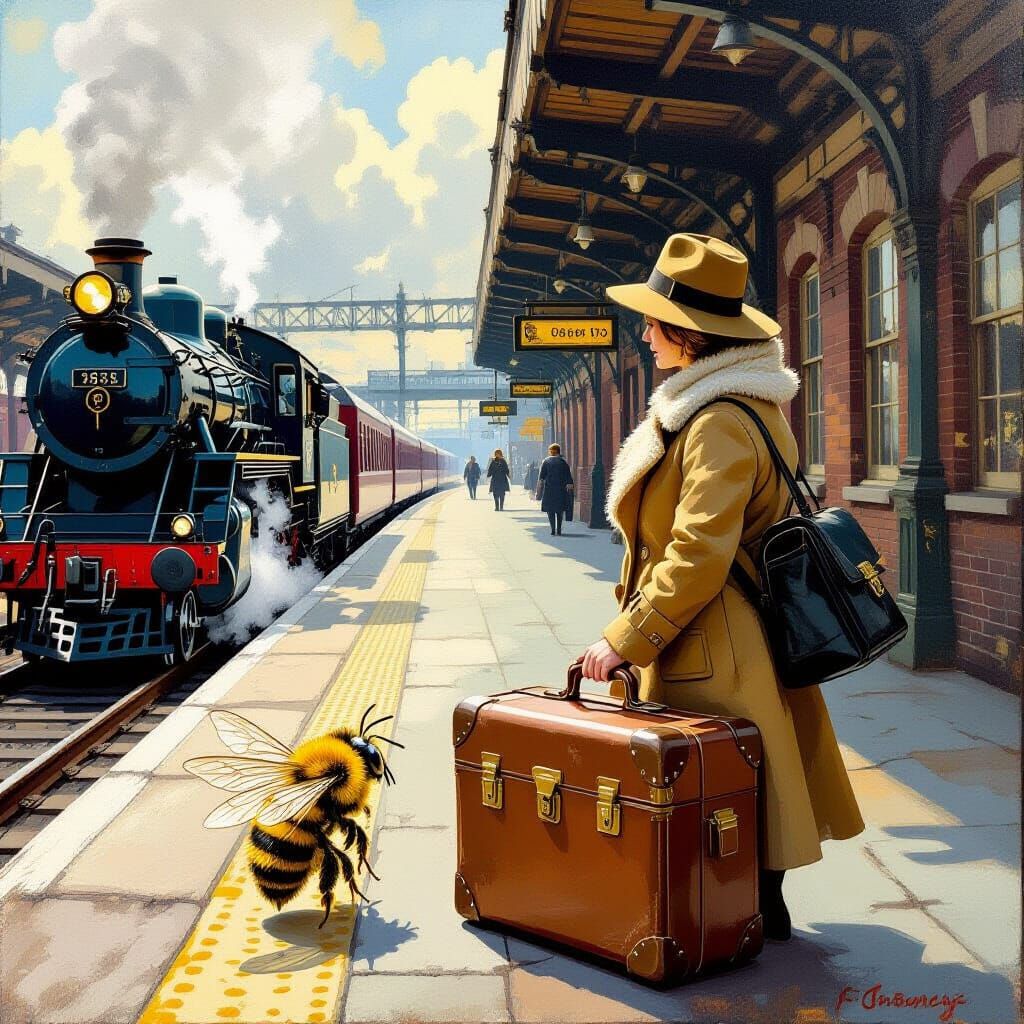 Bee with Suitcase and Mother at Train Station, Oil Painting ...